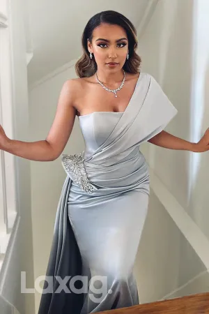 15777 - One Shoulder Pleated Beaded Waist Prom Evening Dress