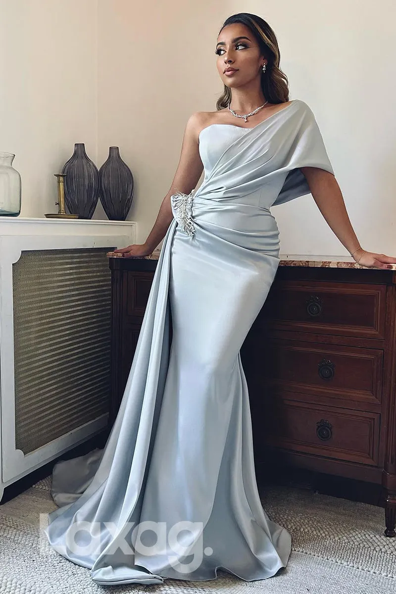 15777 - One Shoulder Pleated Beaded Waist Prom Evening Dress