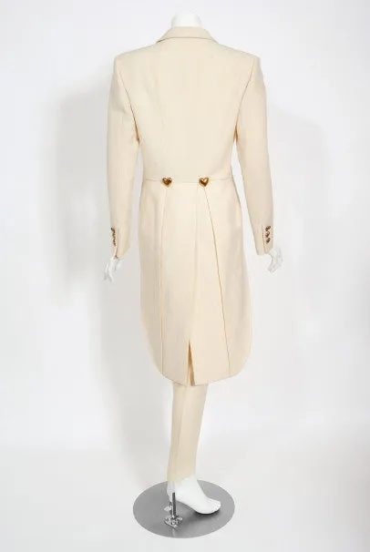 1993 Moschino Couture Cream Wool Heart Buttons Tuxedo Jacket & Pants Set