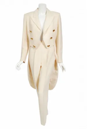 1993 Moschino Couture Cream Wool Heart Buttons Tuxedo Jacket & Pants Set