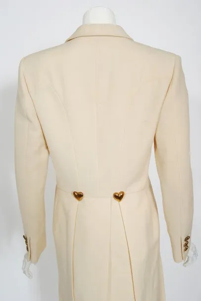 1993 Moschino Couture Cream Wool Heart Buttons Tuxedo Jacket & Pants Set