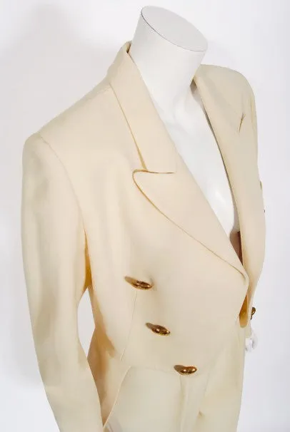 1993 Moschino Couture Cream Wool Heart Buttons Tuxedo Jacket & Pants Set