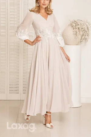 22840 - A-Line V-Neck Quarter Sleeves Appliques Elegant Mother of the Bride Dress