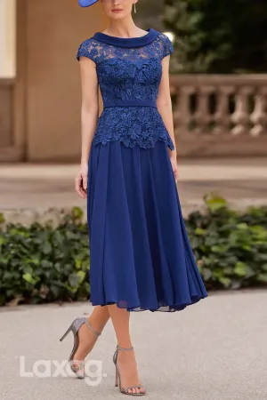 22997 - A-Line Scoop Cap Sleeves Lace Tea-Length Mother of the Bride Dress