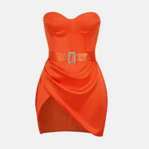 Asymmetrical Belted Sweetheart Neck Dress
