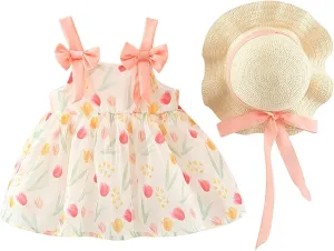 Baby Girls Floral Print Mini Dress Baby Summer Sleeveless Backless Dresses Ruffle Tulle Bowknot Sundress with Hat UC36