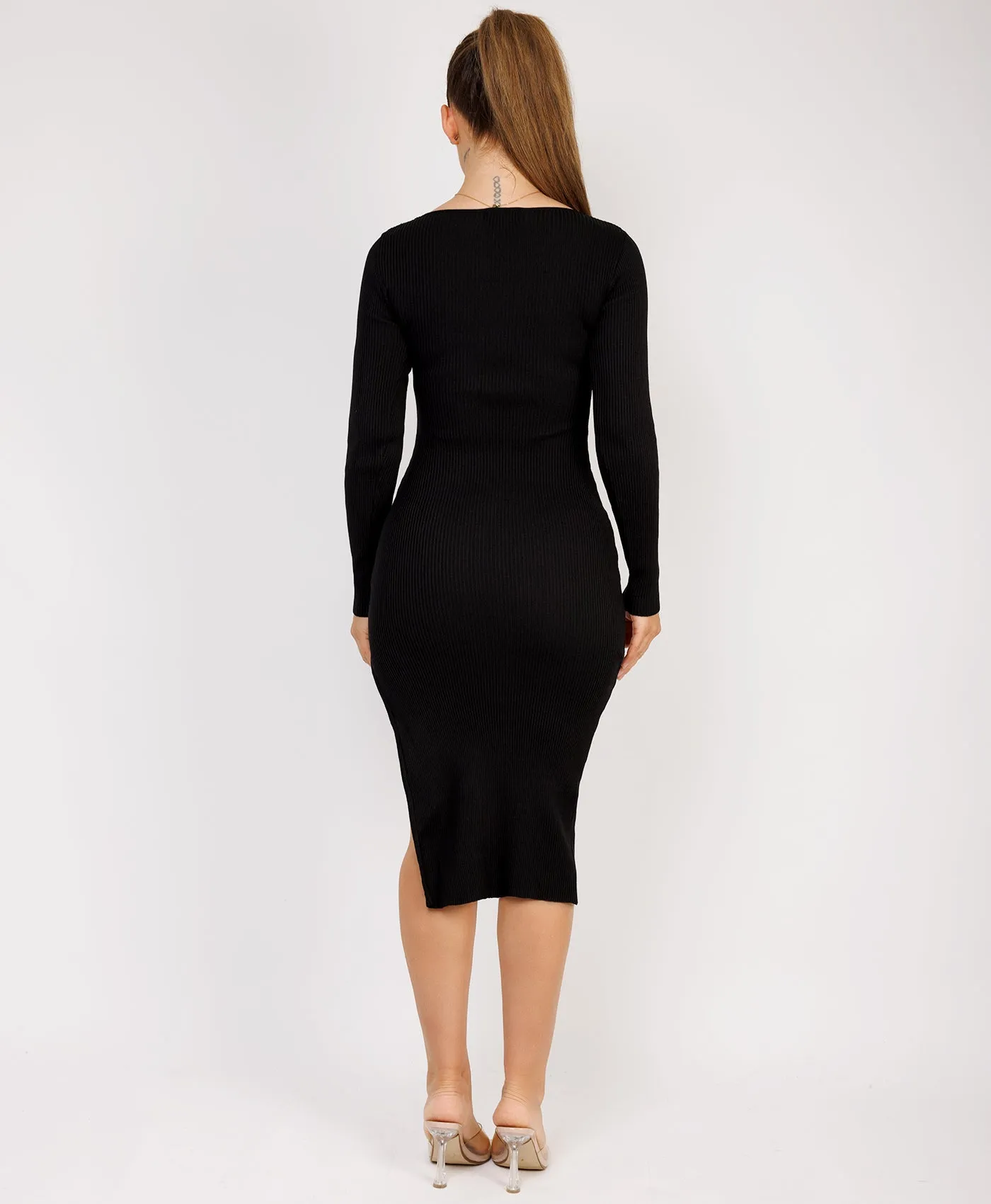 Black Long Sleeve Ribbed Side Split Knitted Midi Dress