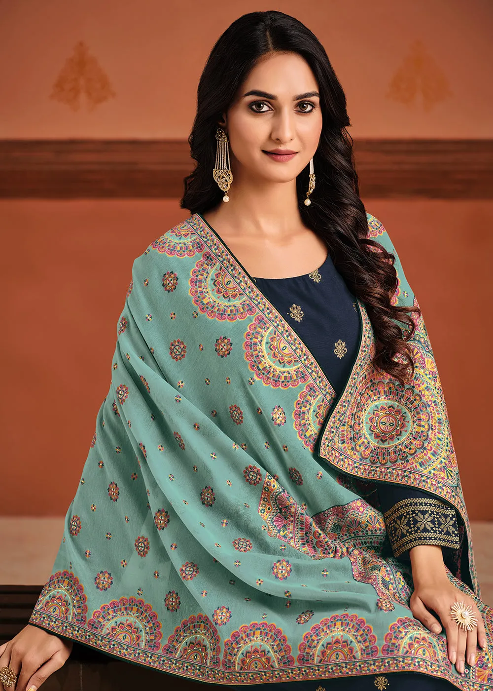 Blue & Aqua Silk Jacquard Sangeet Wear Pant Style Suit