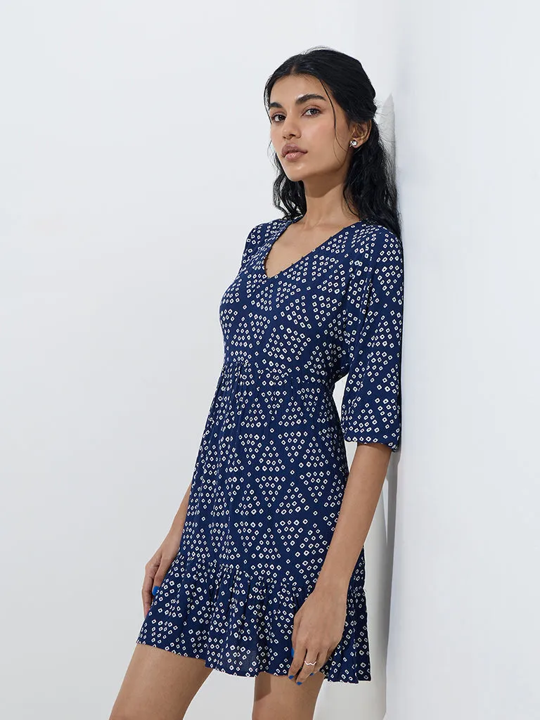 Bombay Paisley Navy Bandhani Printed Cotton A-Line Dress