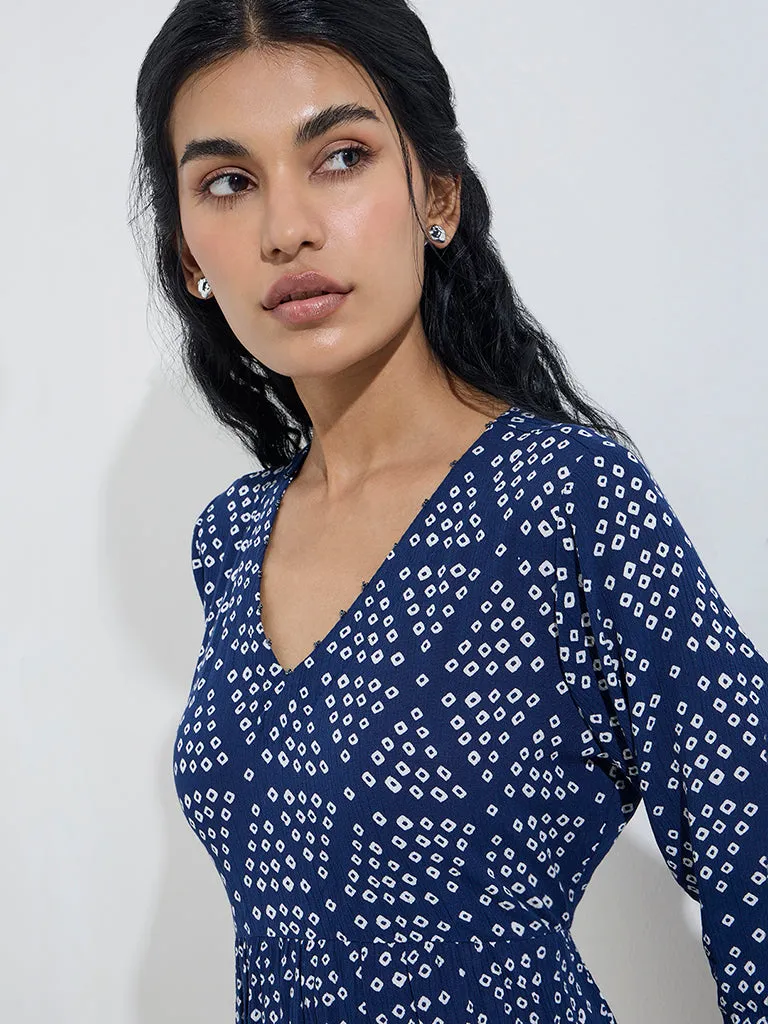Bombay Paisley Navy Bandhani Printed Cotton A-Line Dress