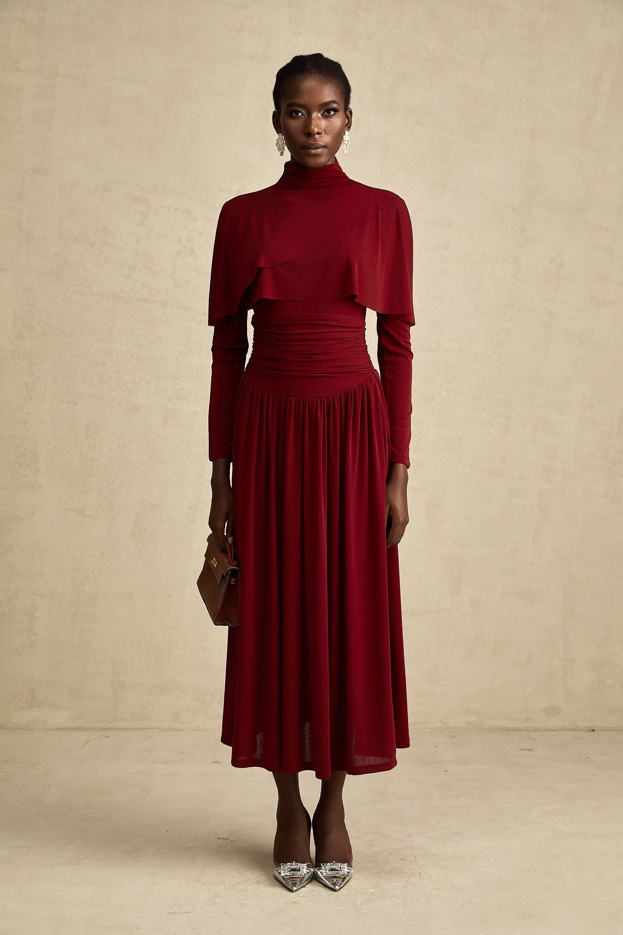 Camille red flap-designed ruched midi dress