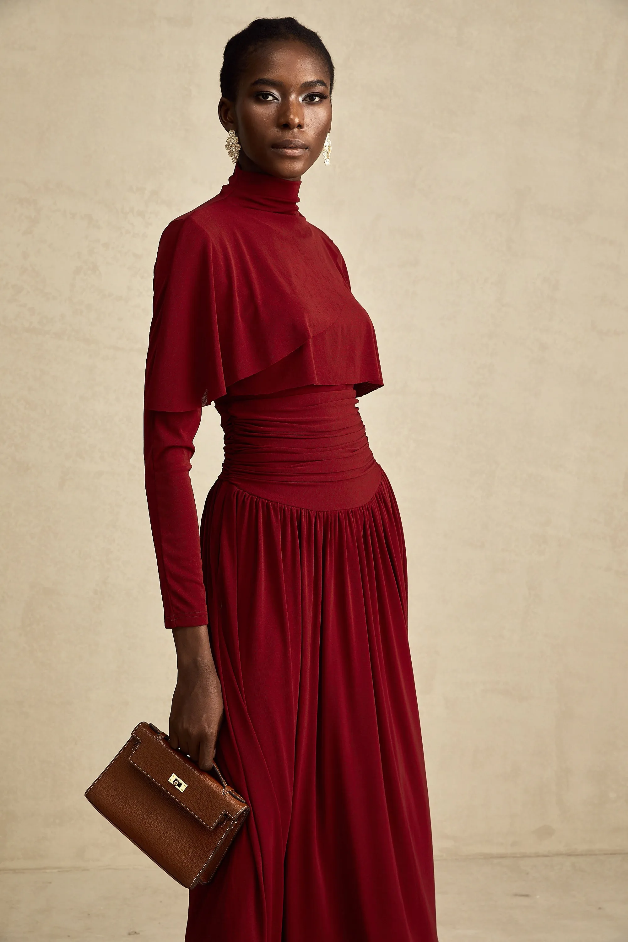 Camille red flap-designed ruched midi dress