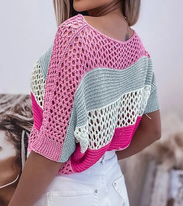 Colorblock Crochet Knit Top: XL 14-16 / SKY BLUE