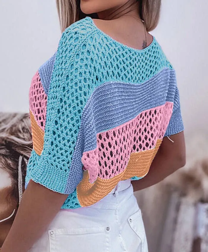 Colorblock Crochet Knit Top: XL 14-16 / SKY BLUE