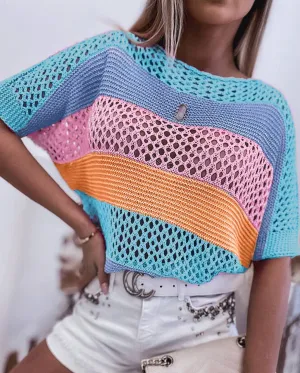 Colorblock Crochet Knit Top: XL 14-16 / SKY BLUE