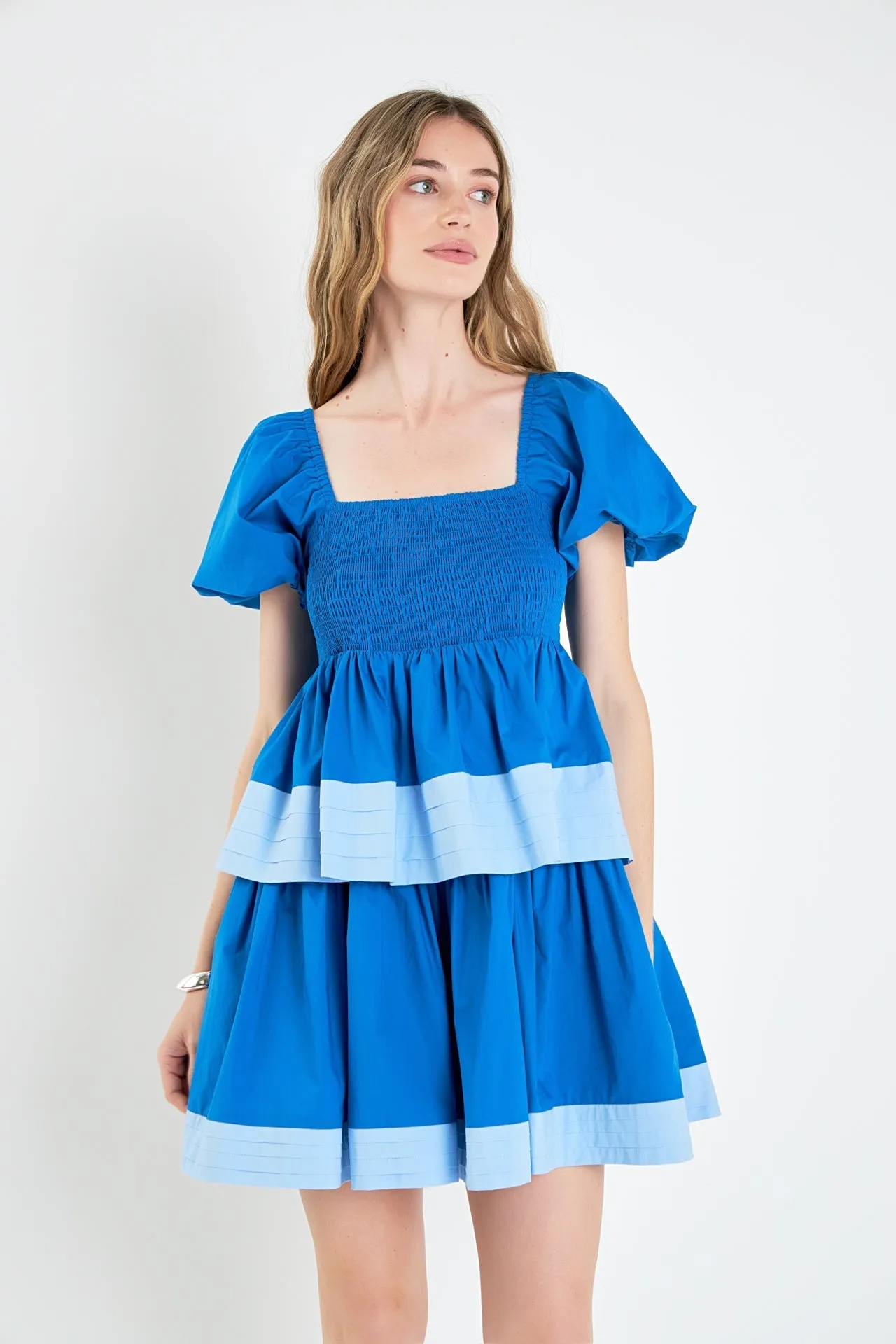 Colorblock Smocked Tiered Mini Dress