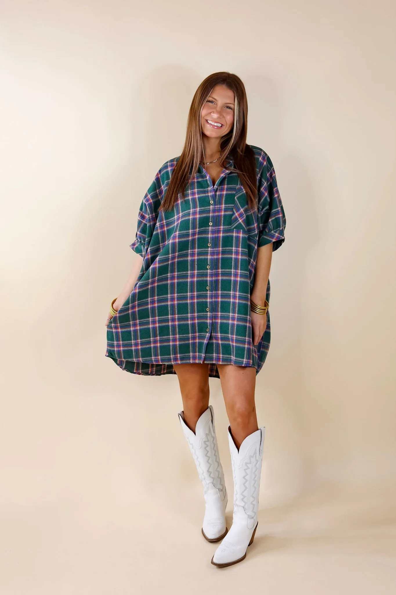 Cozy And Kind Button Up Plaid Dress in Green