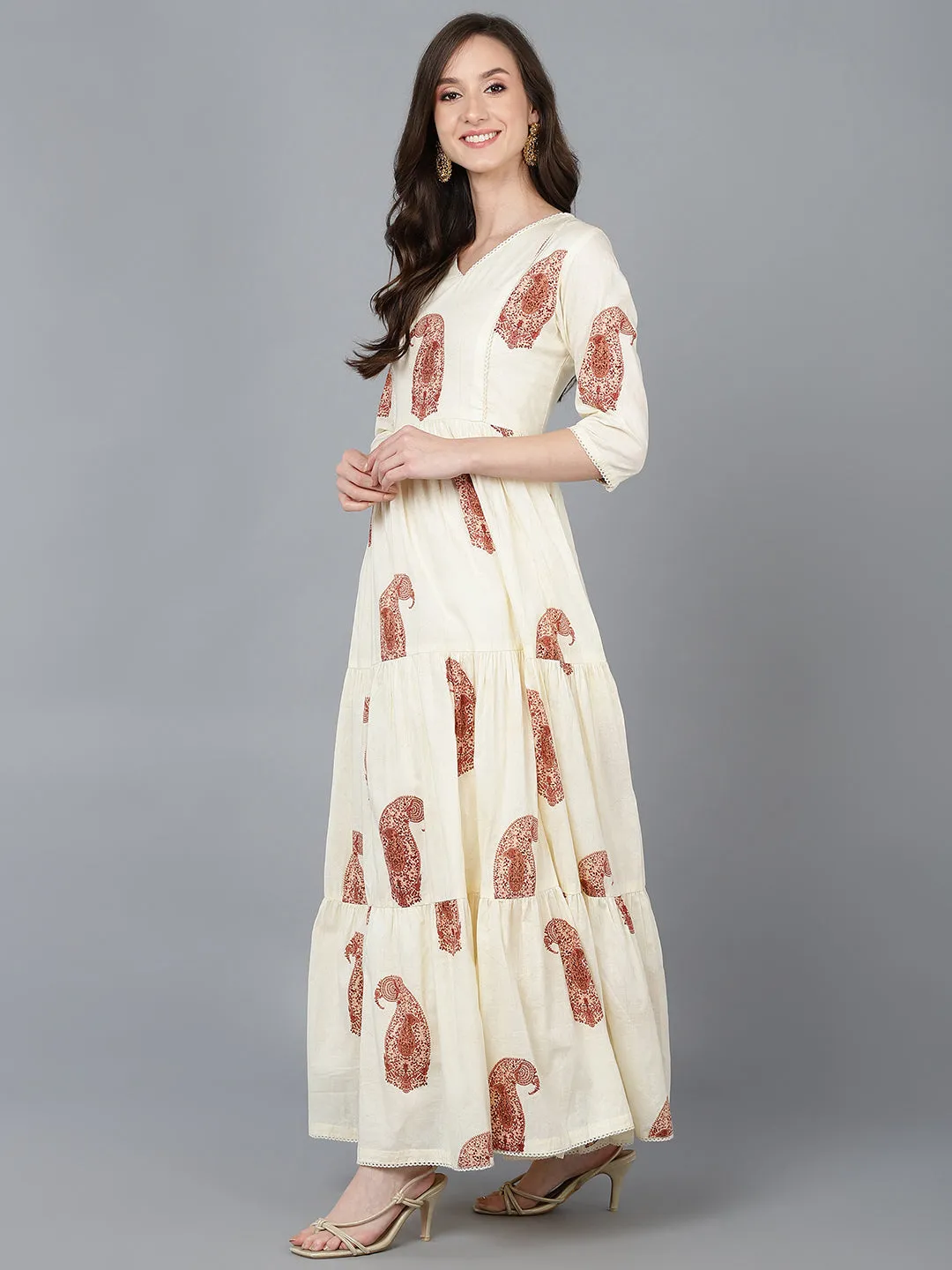 Cream Cotton Paisley Printed Long Tiered Dress