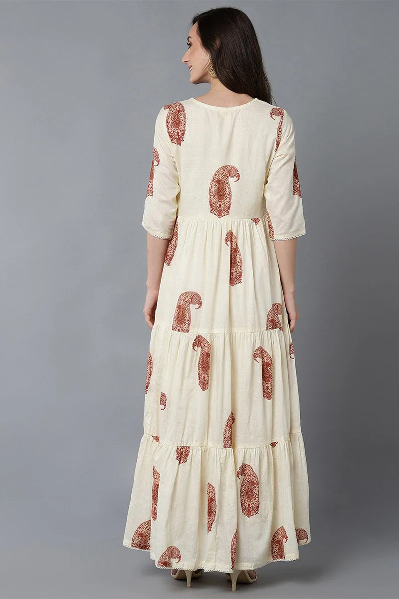 Cream Cotton Paisley Printed Long Tiered Dress