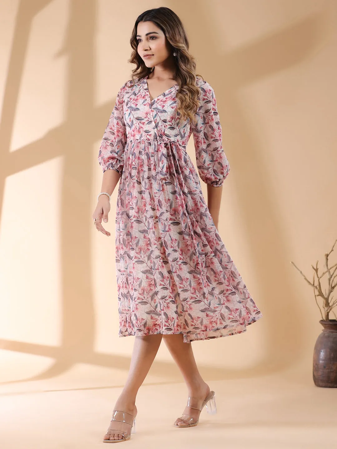 Cream Georgette Wrap Dress with Floral Prints