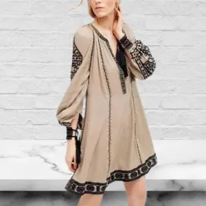 Deep V-Neck Tassel Long Sleeves Embroidered Boho Mini Dress