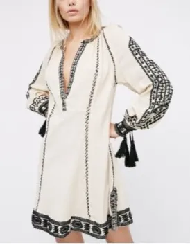 Deep V-Neck Tassel Long Sleeves Embroidered Boho Mini Dress