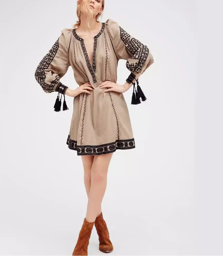 Deep V-Neck Tassel Long Sleeves Embroidered Boho Mini Dress