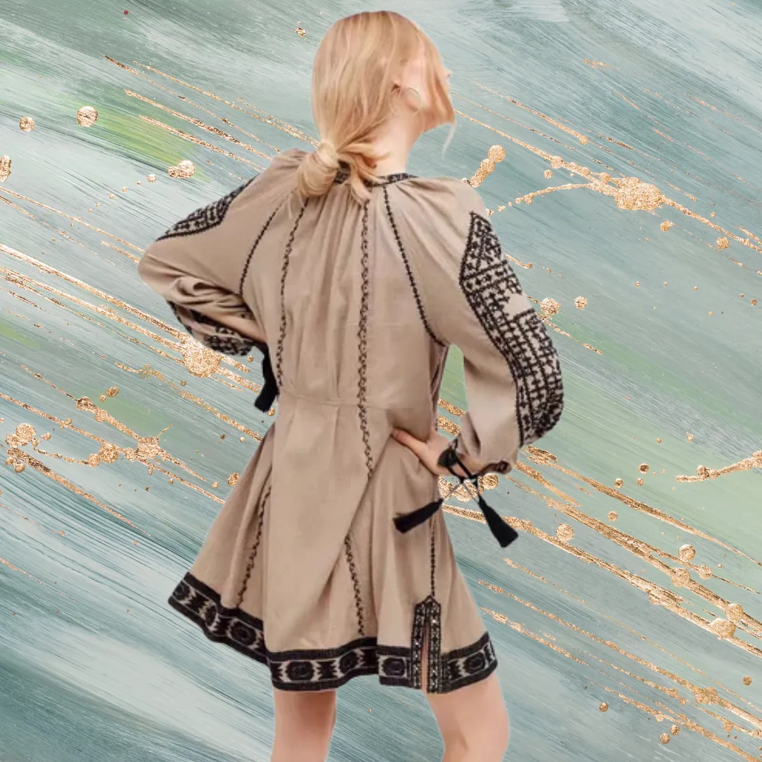 Deep V-Neck Tassel Long Sleeves Embroidered Boho Mini Dress