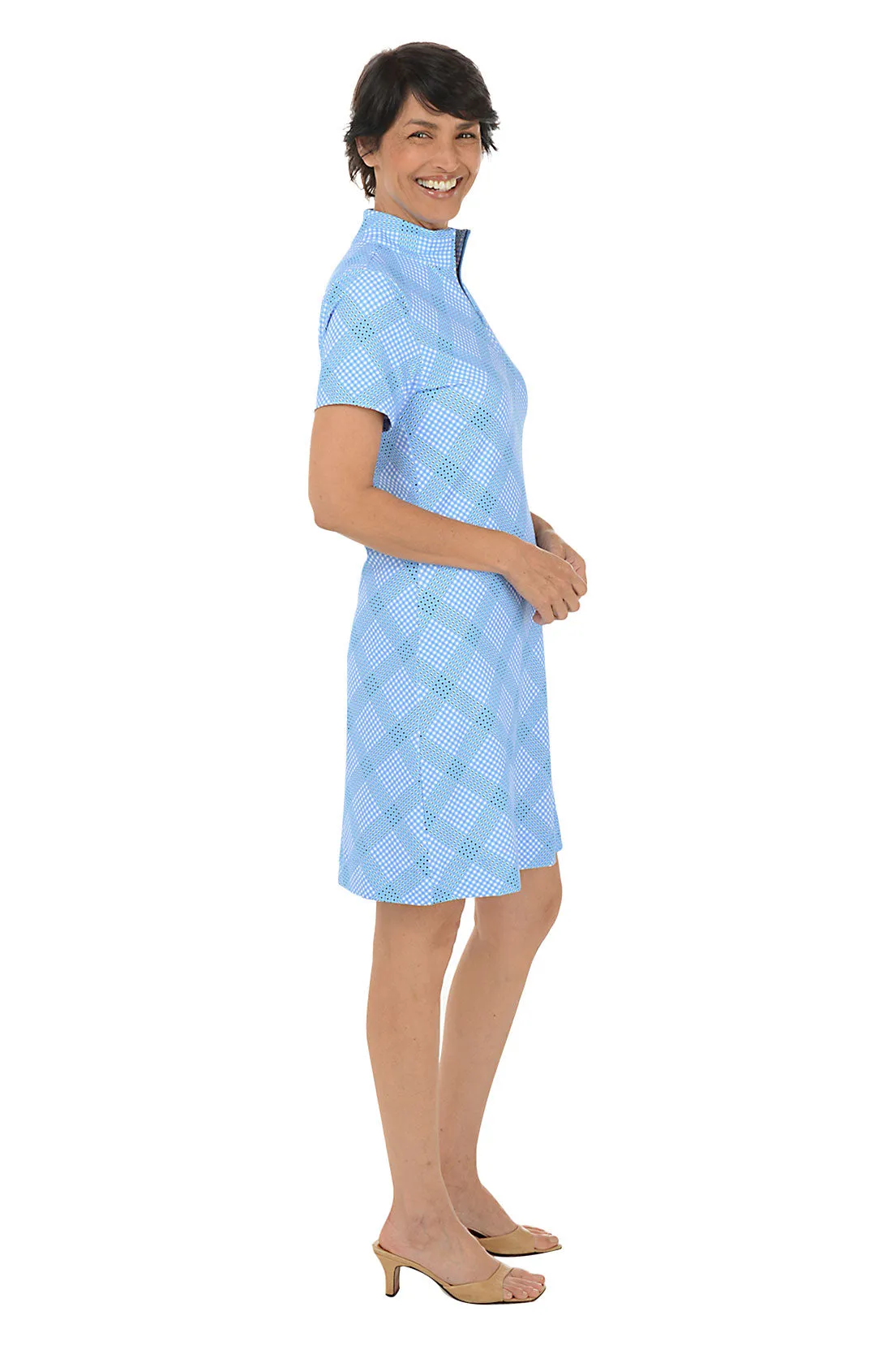 Diagonal Gingham UPF50  Short Sleeve Zip Dress