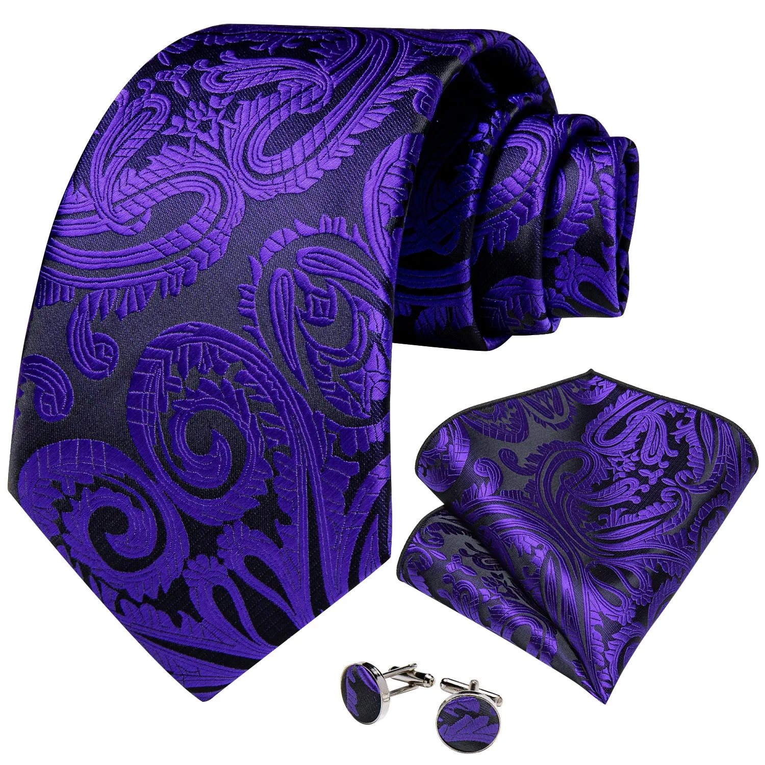 DiBanGu Mens Tie Purple Black Paisley Silk Tie Handkerchief Cufflinks Set