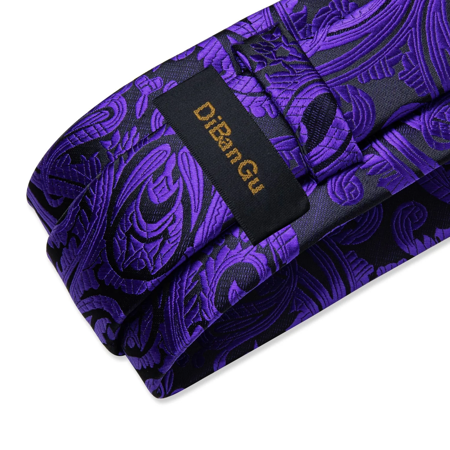 DiBanGu Mens Tie Purple Black Paisley Silk Tie Handkerchief Cufflinks Set