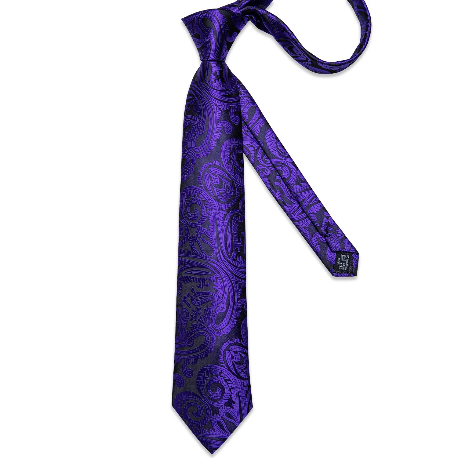 DiBanGu Mens Tie Purple Black Paisley Silk Tie Handkerchief Cufflinks Set