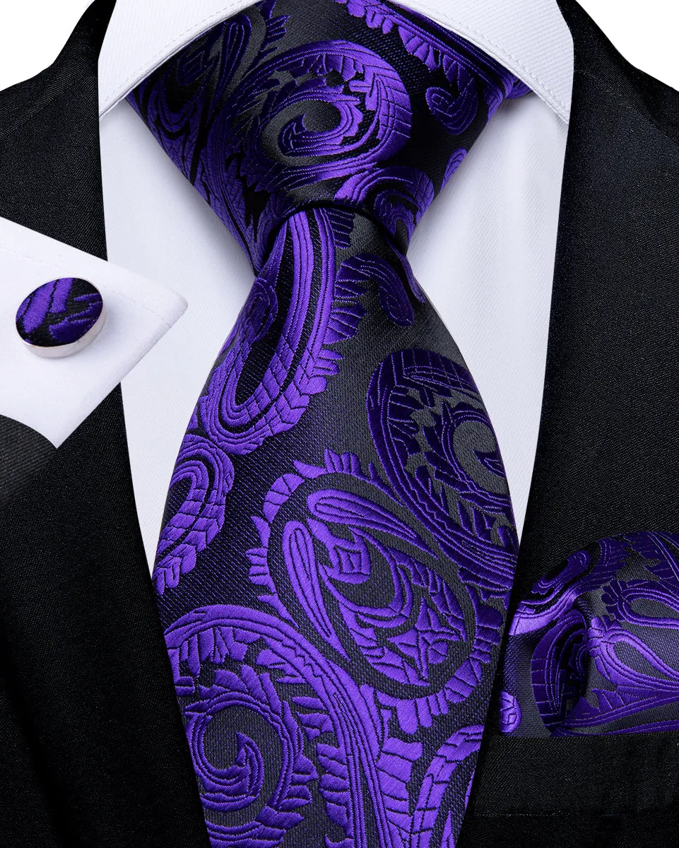 DiBanGu Mens Tie Purple Black Paisley Silk Tie Handkerchief Cufflinks Set
