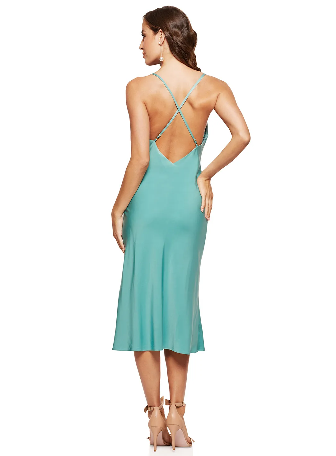 Elsa Satin Cowl Neck Midi - Jade - Size 6