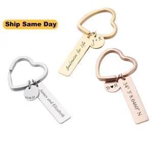 Engraved Bar with Round Charm and Heart Key Ring KCK 9