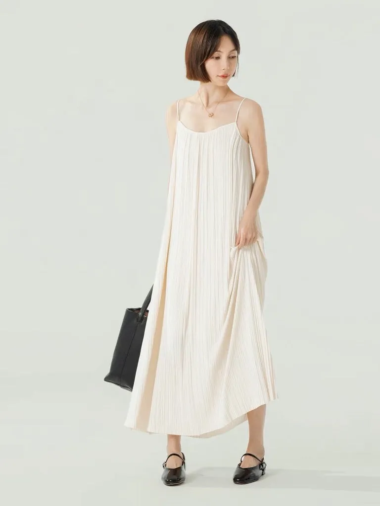 Fine Pleated Cami Maxi Dress in White
