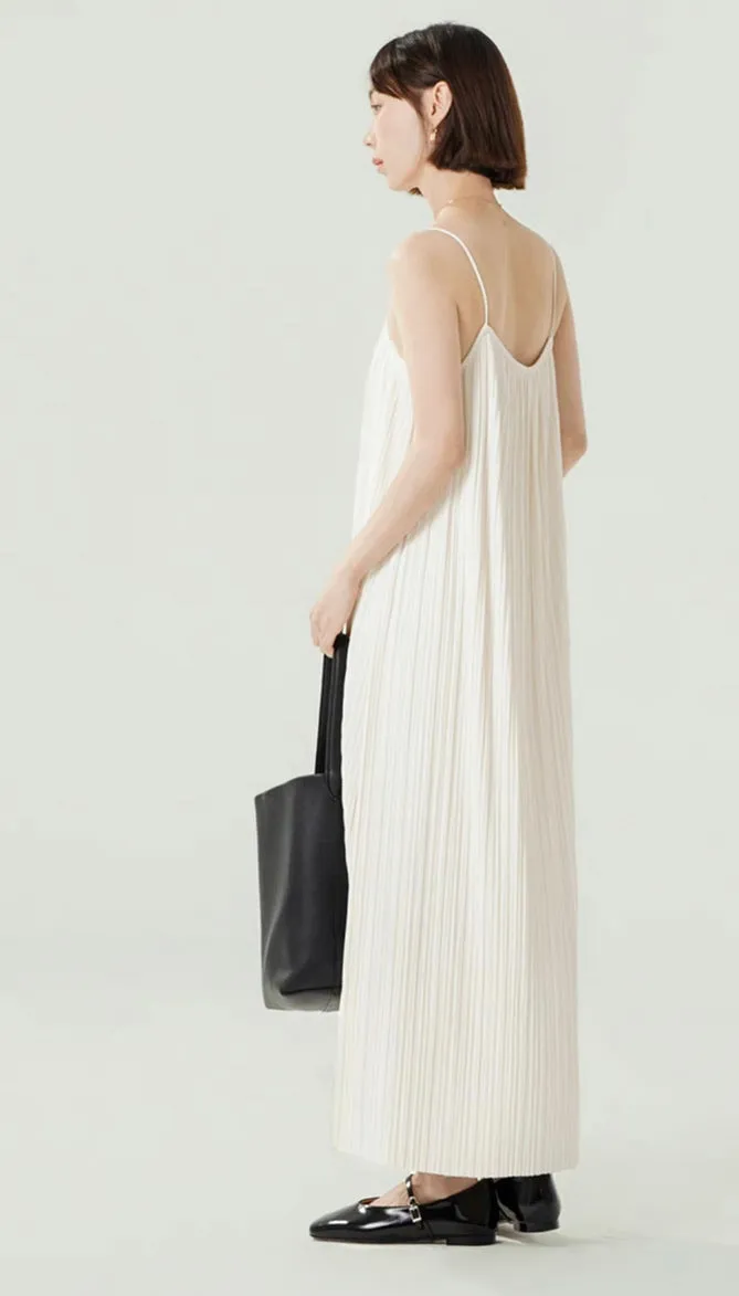 Fine Pleated Cami Maxi Dress in White
