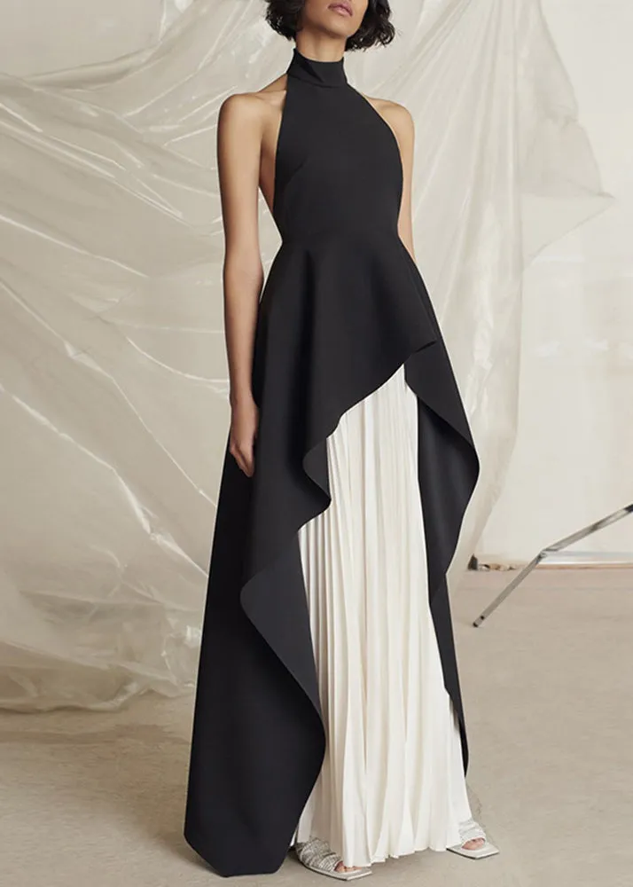 FLYTONN- Elegant Black Turtleneck Asymmetrical Patchwork Maxi Vestidos Dresses Sleeveless ZL083