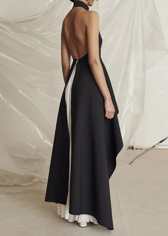 FLYTONN- Elegant Black Turtleneck Asymmetrical Patchwork Maxi Vestidos Dresses Sleeveless ZL083