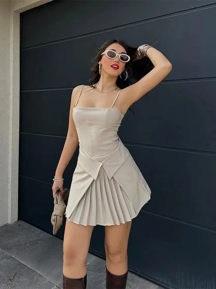 Flytonn- Paper Fold Solid Sling Mini Dress