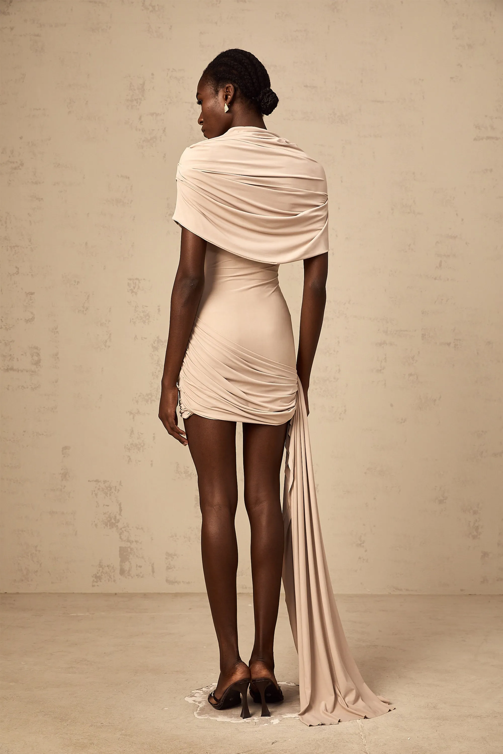 Galle neutrals cape-design ruched fitted mini dress