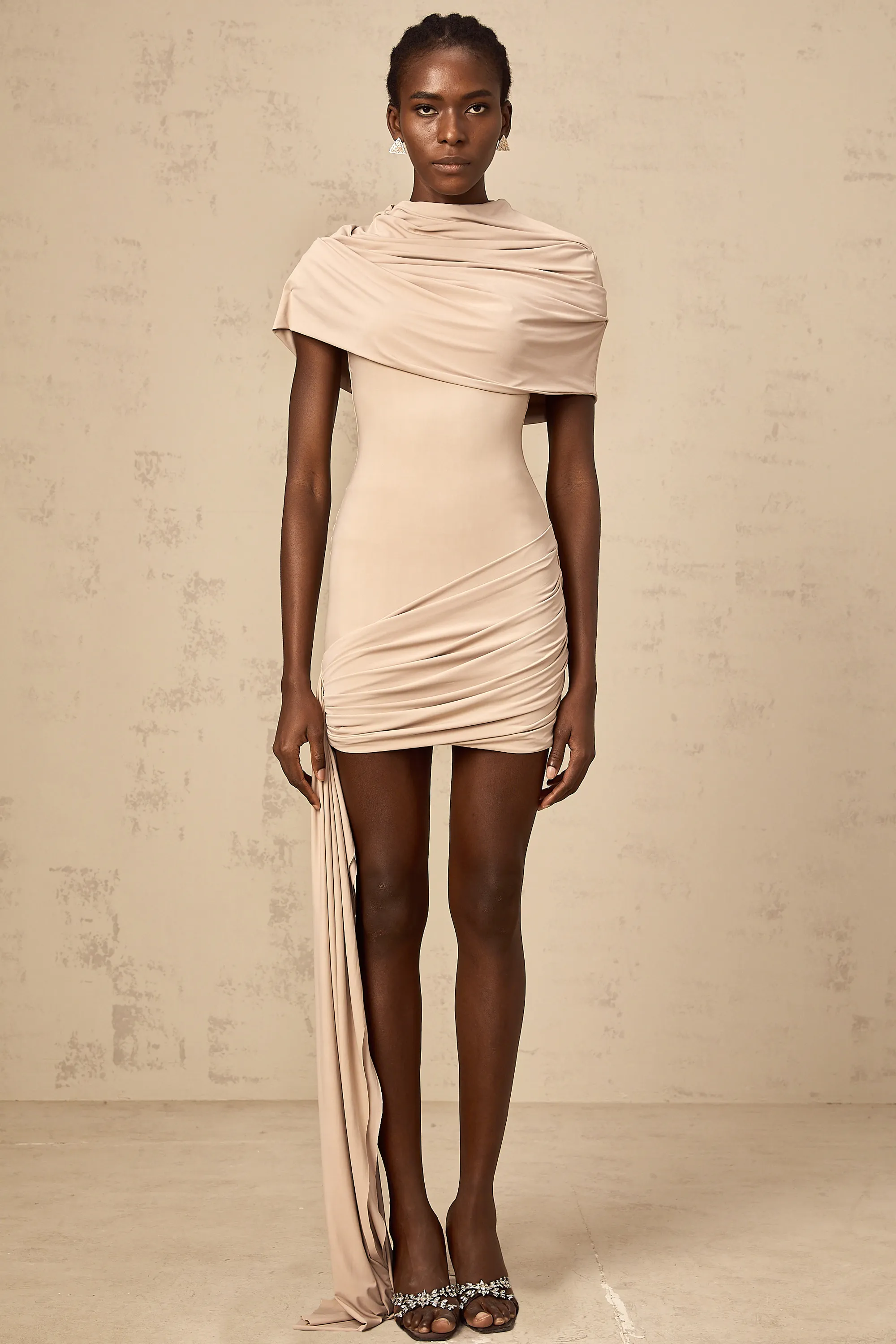 Galle neutrals cape-design ruched fitted mini dress