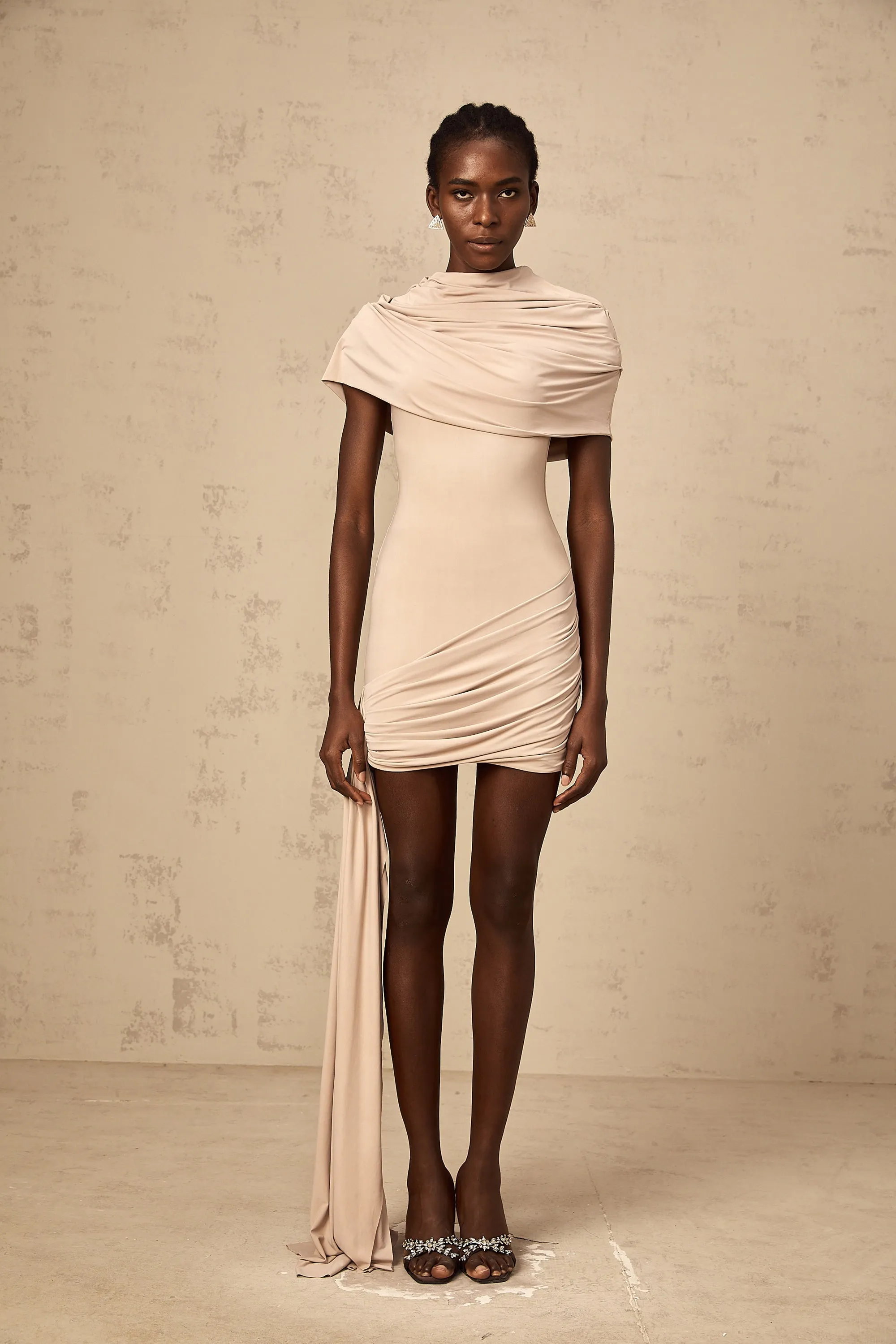 Galle neutrals cape-design ruched fitted mini dress