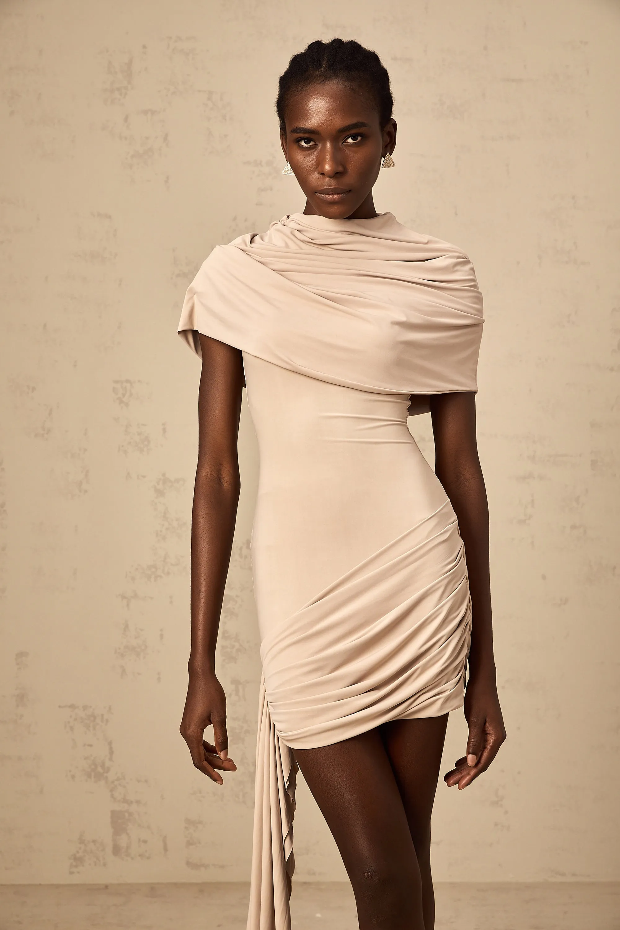 Galle neutrals cape-design ruched fitted mini dress