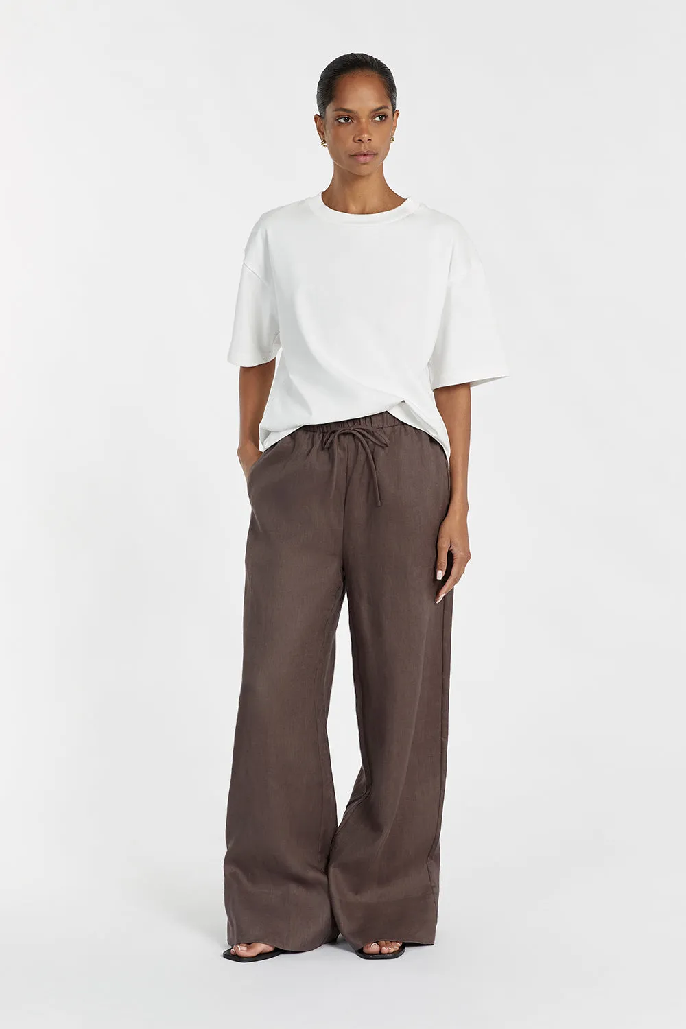 GINA CHOC LINEN ELASTIC WAIST PANT