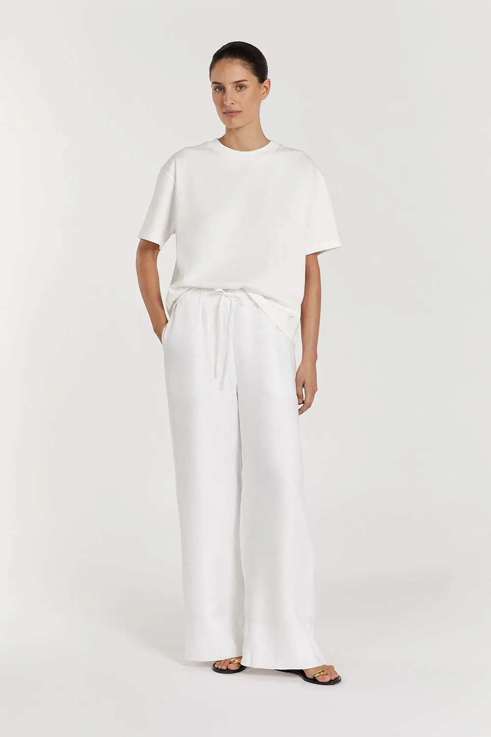 GINA WHITE LINEN ELASTIC WAIST PANT
