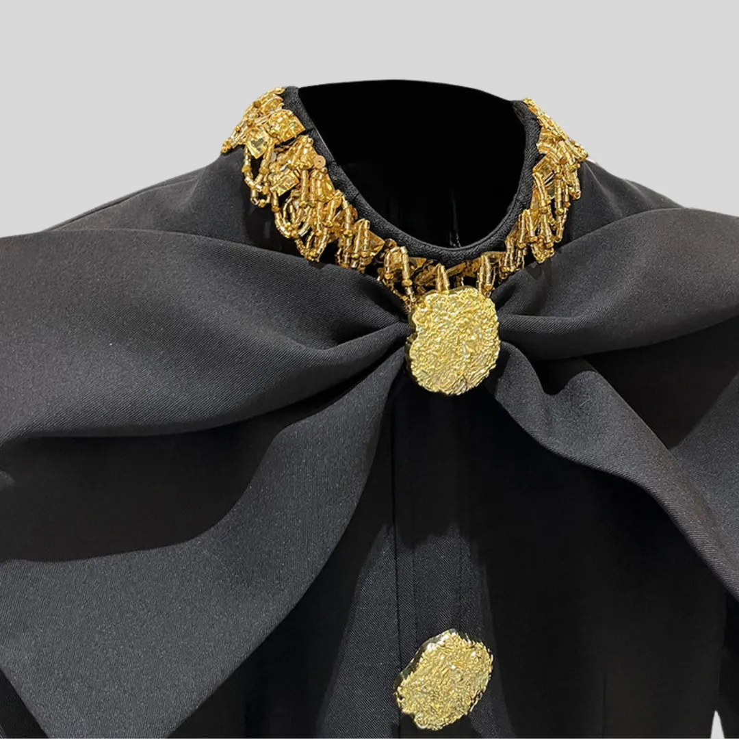 Gold Buttoned Dress with Bow at the Neckline - Black
