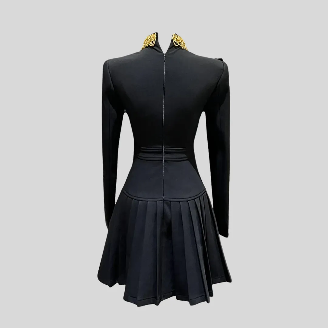 Gold Buttoned Dress with Bow at the Neckline - Black