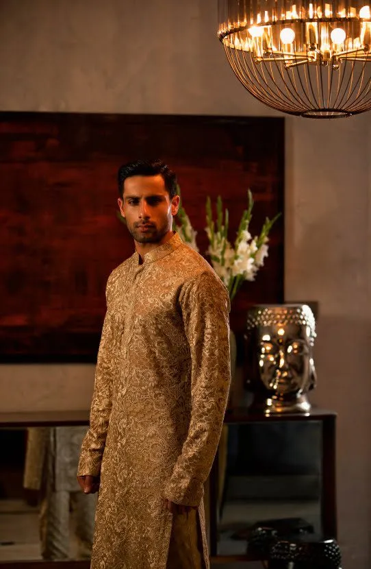 Hand-embroidered Organza Kurta Paired with Raw Silk Pants