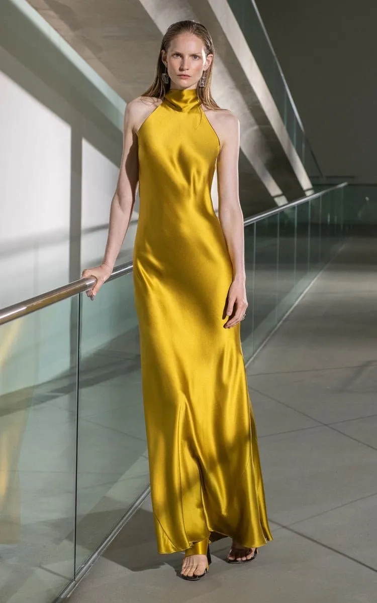 High-halterneck silk dress in Mustard shade